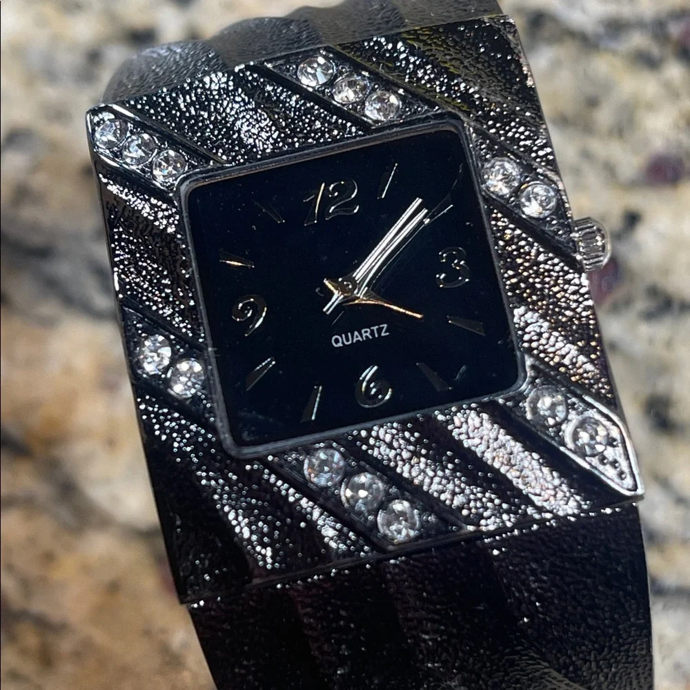 Elegant Black & Silver Rhinestone Cuff Bangle Watch | Japan Movt
